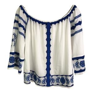 Love Sam Wns Boho‎ Top White One Sz Embroidered Blue Floral Elastic Off Shoulder